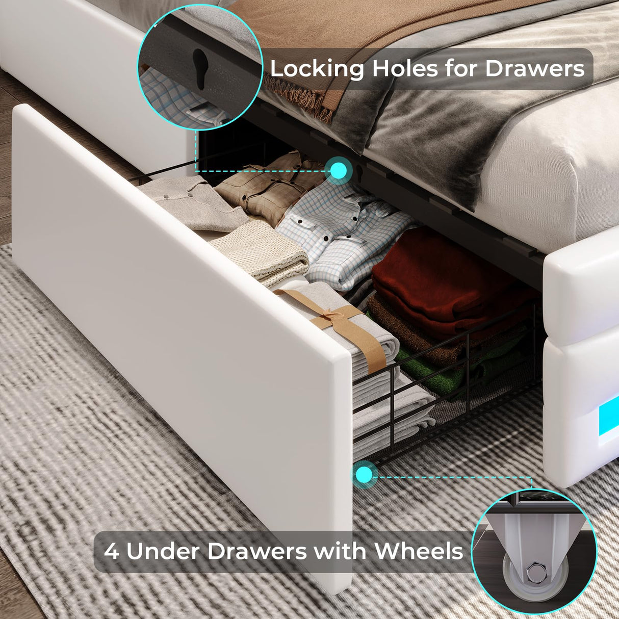 ADORNEVE Full Size LED Bed Frame with 4 Storage Drawers, Pu Leather Upholstered Platform Bed Full with Charging Station & LED Lights, Square Stitched Button Tufted Design, No Box Spring Needed, White ADORNEVE