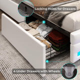 ADORNEVE Full Size LED Bed Frame with 4 Storage Drawers, Pu Leather Upholstered Platform Bed Full with Charging Station & LED Lights, Square Stitched Button Tufted Design, No Box Spring Needed, White ADORNEVE