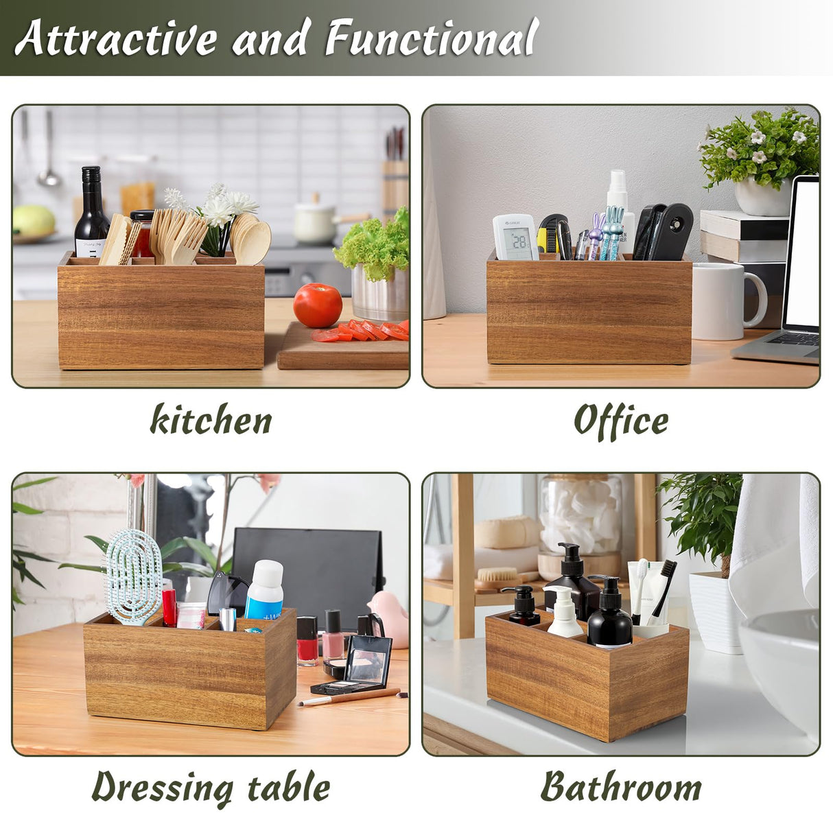 DRASTAR Utensil Caddy, Silverware Caddy for Party, Acacia Wood Silverware Holder, Silverware Organizer Countertop, Cutlery Storage Containers for Kitchen Table DRASTAR