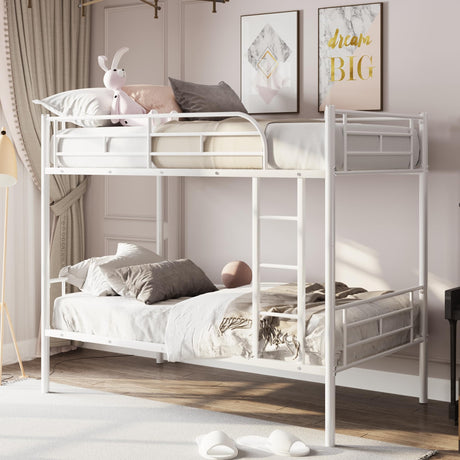 Merax Metal Bunk Bed, Bunk Bed with Ladder and high Guardrail, Able to Split, Under Bed Storage Space, Noise Free, Twin Over Twin Size, White Merax