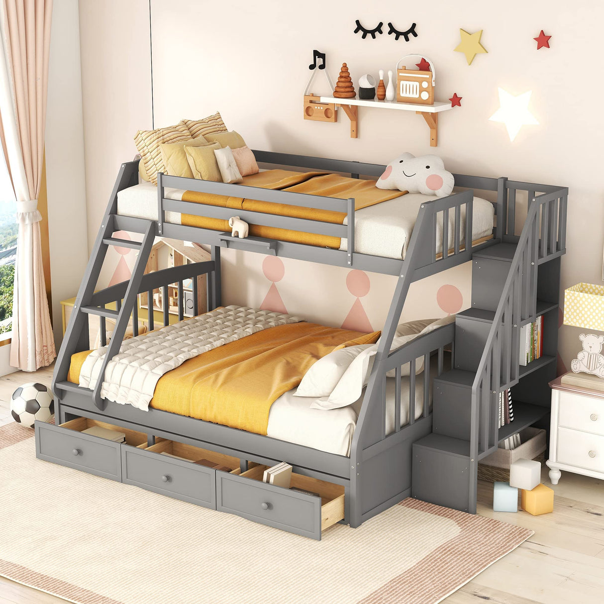 MeraxTwin Over Full Bunk Bed with Drawers，Ladder and Storage Staircase, Gray Wood Bed Frame, No Box Spring Need Merax