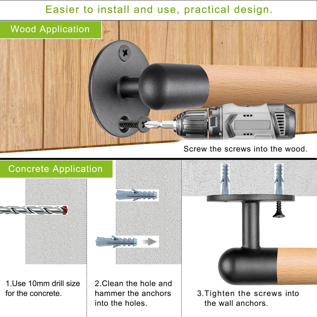 SELEWARE 26 Inch Wood Handrail Stair Handrail Drywall or Concrete Mount Handrail w/Sturdy Metal Base, Barrier-Free Staircase Grab Bar for Elderly, 1.3 Inch Round SELEWARE