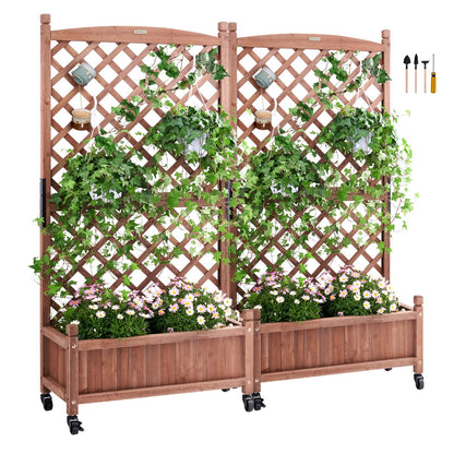 VEVOR 2PCS Wood Planter with Trellis, 60"x13"x61.4" Outdoor Raised Garden Bed with Drainage Holes, Free-Standing Trellis Planter Box for Vine Climbing Plants Flowers in Garden, Patio, Balcony