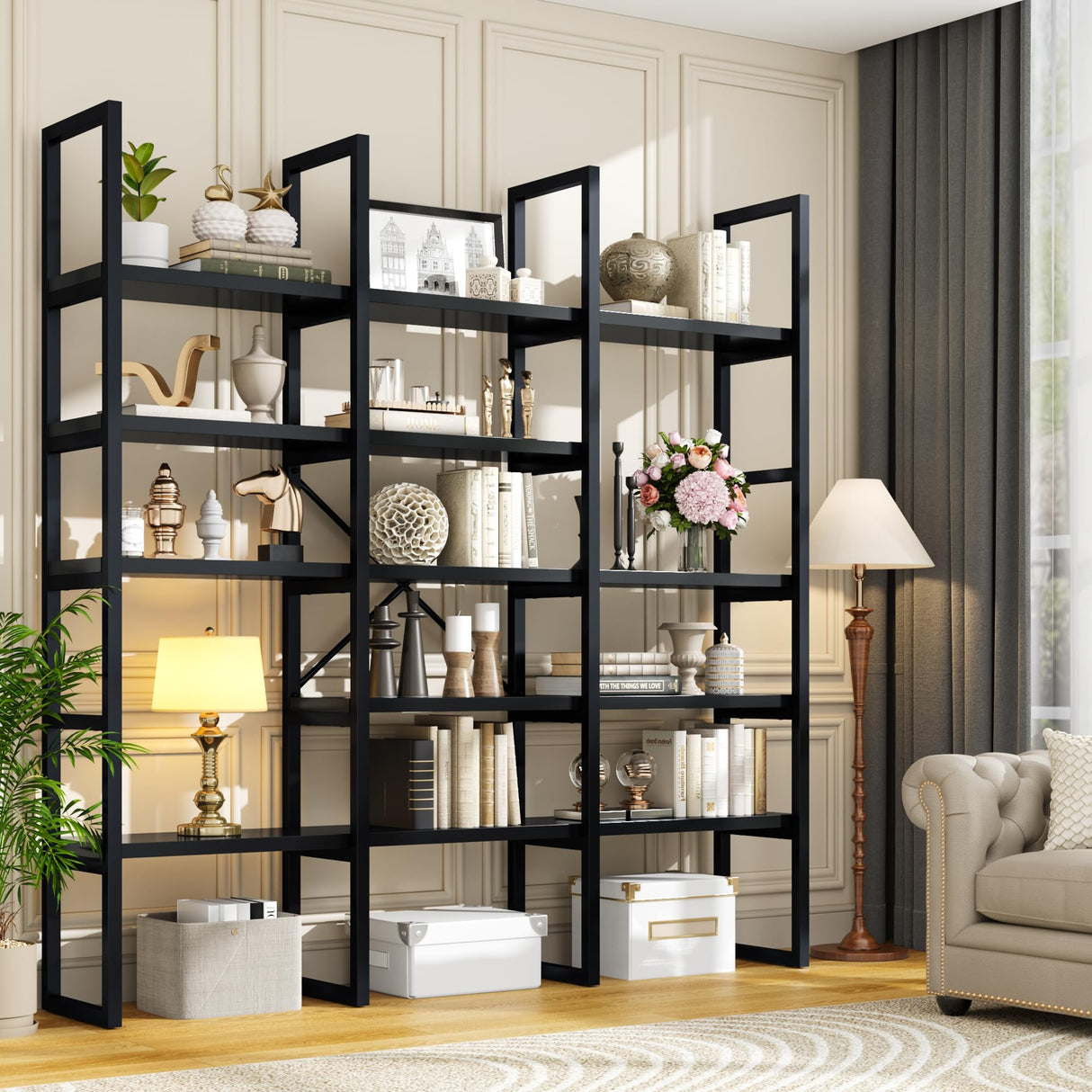 Semoic Large Bookshelf 5 Tiers, Triple Wide Geometric Bookcase, 71 Inches Tall Industrial Book Shelves Etagere Book Case, Sturdy Metal Frame, Freestanding Display Shelving Unit (Black) Semoic
