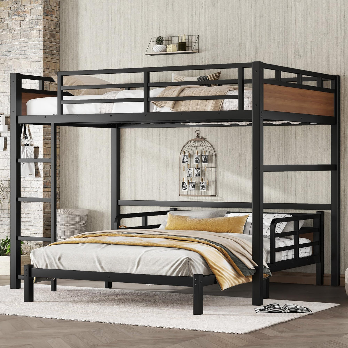 Full Over Full Bunk Bed with Headboard and Full Length Guardrail, Separable Bunk Bed Full Size, Heavy Duty Bunk Beds Can Turns Into Loft Bed and Platform Bed, Walnut Bellemave