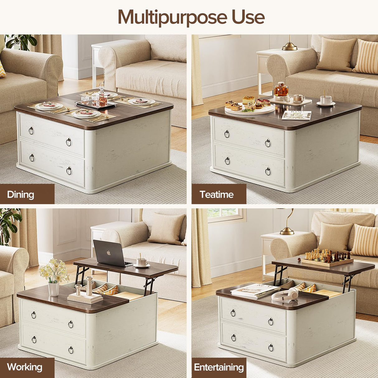 Memobarco 31.5" Lift Top Coffee Table with Storage,Square Coffee Tables with Lifting top for Living Room,Farmhouse Coffee Table with Storage Drawers and Large Hidden Compartment,Rustic White+Walnut Memobarco