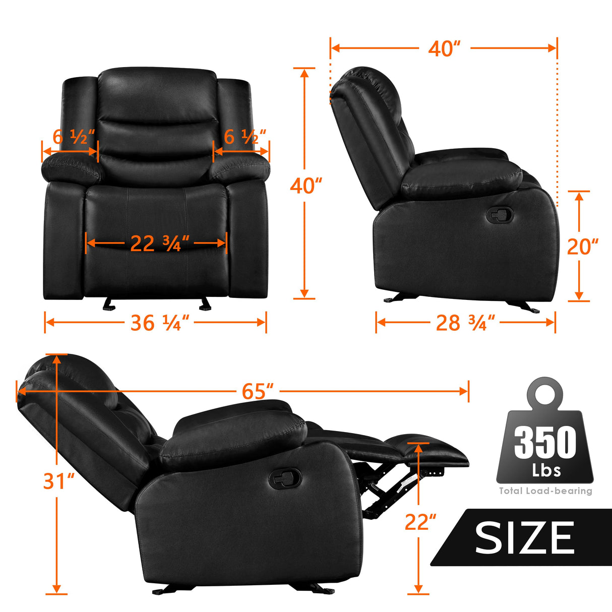 PrimeZone Oversized Rocker Recliner Chair - Comfy Wide Lazy Boy Recliner Chair with Overstuffed Armrest, Faux Leather Manual Reclining Chairs for Living Room, Bedroom, Home Theater Seating, Black PrimeZone