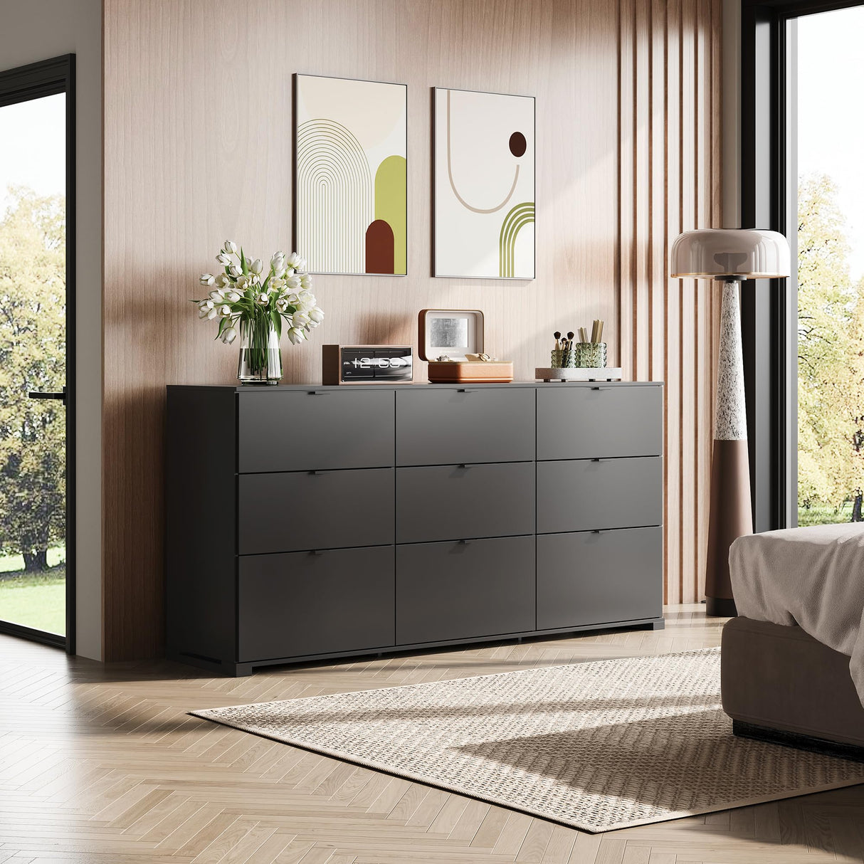 WLIVE 9 Drawer Dressers, Modern Large Wood Dresser Chest for Bedroom Organize with Sturdy Metal Handle, TV Stand for 75 inch TV, Living Room Office, Hallway, Ball Bearing Slide, Black (63" W) WLIVE