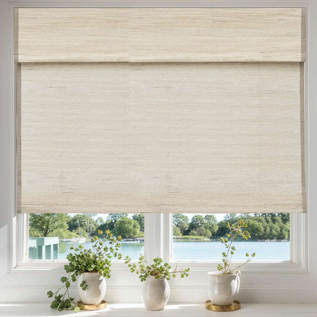 Moonice Cordless Custom Roman Shades for Window Blackout, Natural Woven Fabric Privacy Room Darkening Blinds, Thermal Insulated Window Blind Treatment for Bedroom Living Room, Beige moonice
