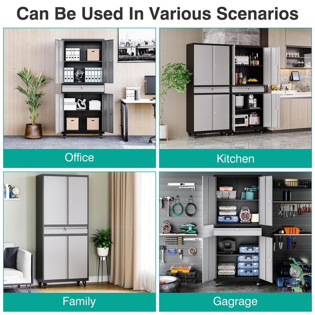 Metal Garage Storage Cabinet with 4 Wheels and 1 Drawer,Gray Rolling Garage Cabinet with Locking Doors and Adjustable Shelves,73" Mobile Tall Large Metal Storage Cabinet for Home,Office,Garage,Shop SISESOL