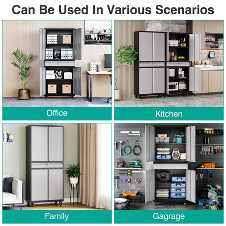 Metal Garage Storage Cabinet with 4 Wheels and 1 Drawer,Gray Rolling Garage Cabinet with Locking Doors and Adjustable Shelves,73" Mobile Tall Large Metal Storage Cabinet for Home,Office,Garage,Shop SISESOL