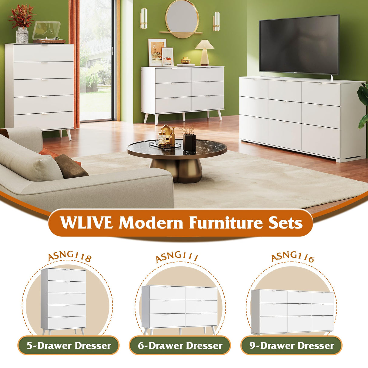 WLIVE 6 Drawer Dresser for Bedroom, 47.24'' Wide Wood Dresser, White Dresser Storage Organizer with Sturdy Metal Handle, TV Stand for 55 inch TV, Chest of Drawers for Living Room, Hallway, Closet WLIVE