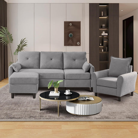 Portaforta Sectional Sofa Set, 77" Convertible Sofa and Accent Chair, Small 3 Seat L Shaped Couch with Storage Ottoman and Side Pockets, Modern Couch for Living Room, Office, Apartment, Light Grey Portaforta