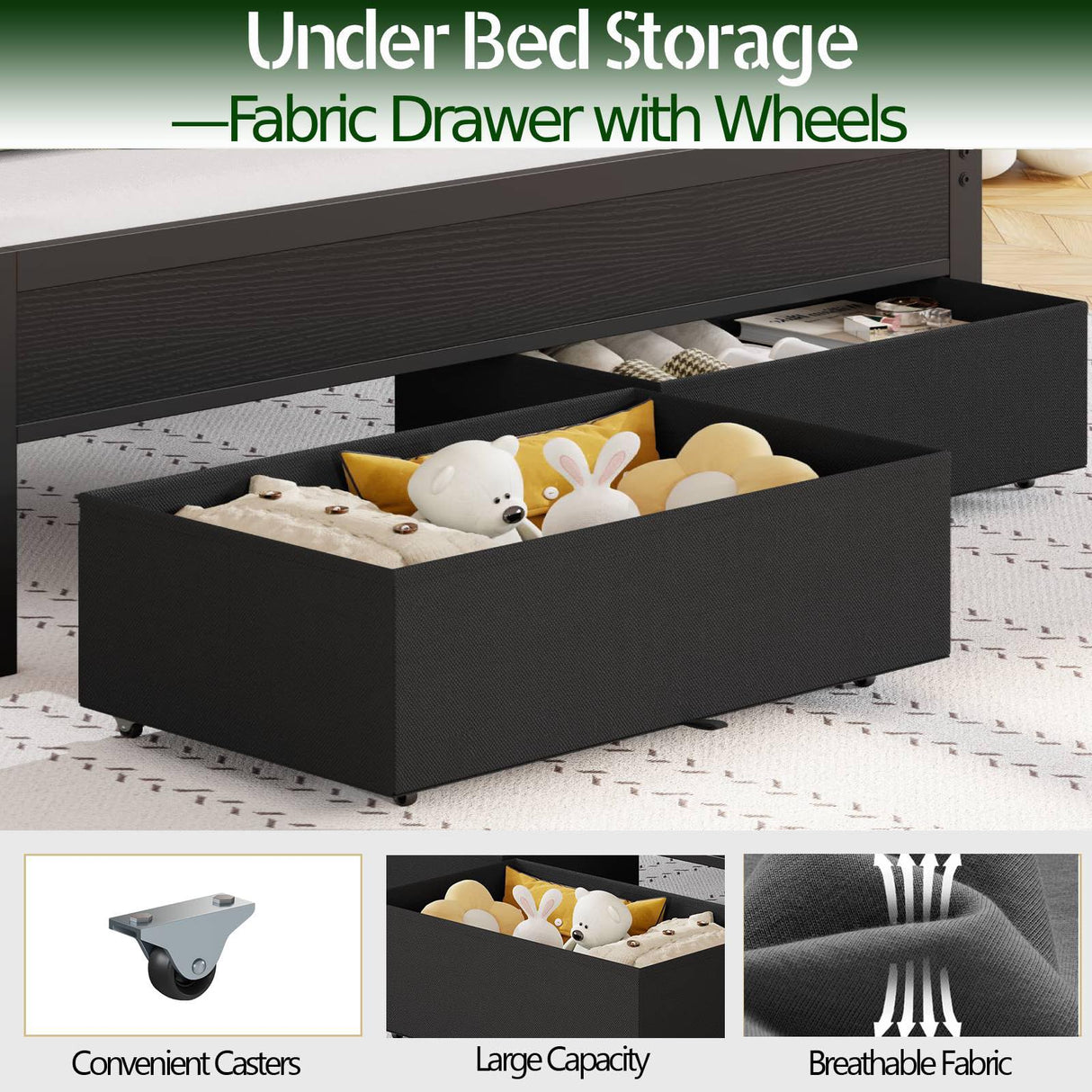 Furnulem Queen Bed Frame with Charging Station and LED Lights, Grey Upholstered Headboard with Shelves, Metal Platform Bed with 2 Under-Bed Storage (Fabric Drawer on Wheels), No Box Spring Needed Furnulem