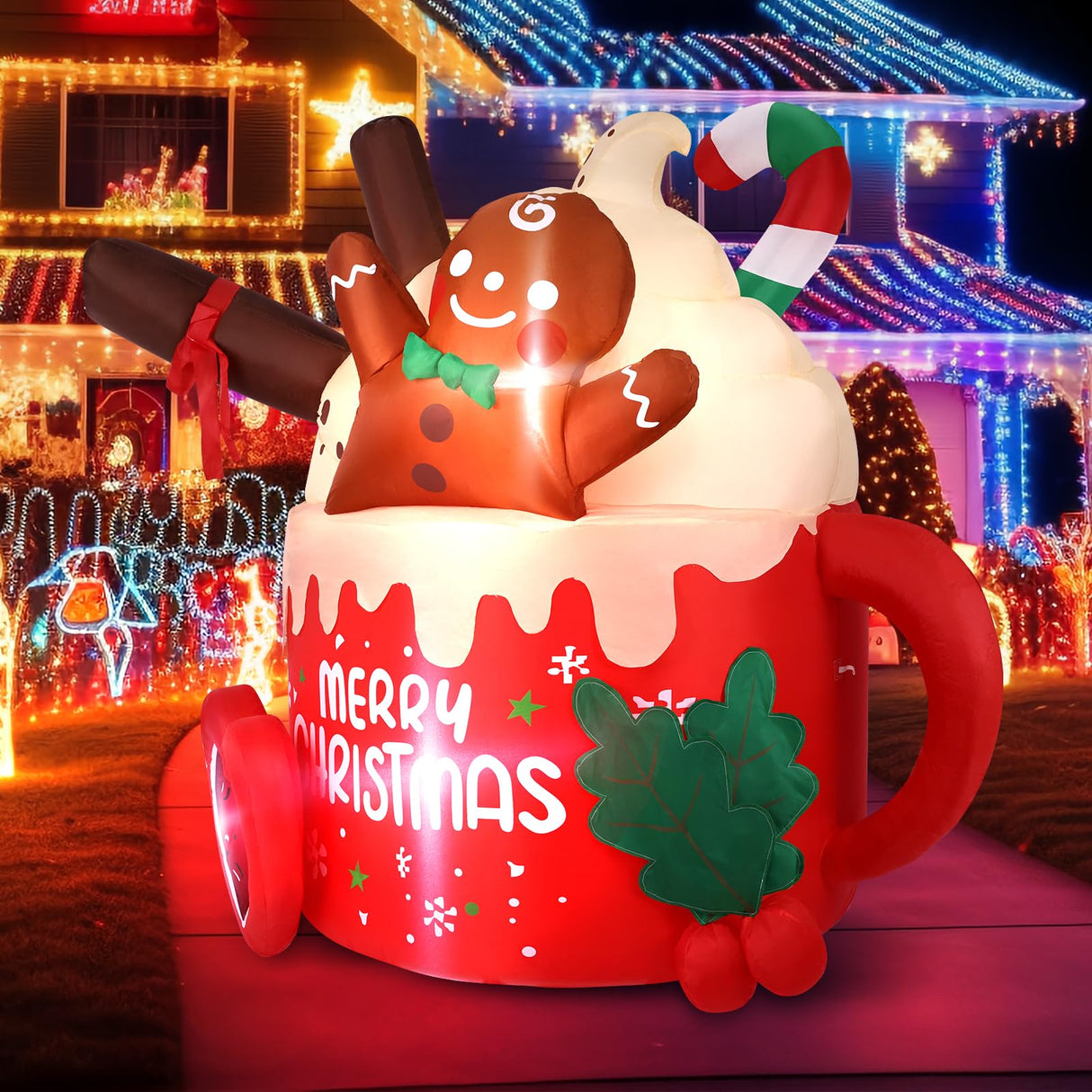 6.5 FT Christmas Inflatables Outdoor Decorations, Gingerbread Christmas Inflatable Hot Cocoa Mug with Built-in LEDs Blow Up Christmas Decoration for Garden Lawn Yard Patio Xmas Inflatable MGparty