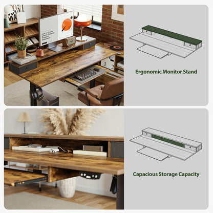 Agilestic Electric Standing Desk with 2 Drawers and Keyboard Tray, 63 x 24 Inches Ergonomic Adjustable Height Desk with Storage, Sit Stand up Desk Computer Workstation, Rustic Brown - WoodArtSupply