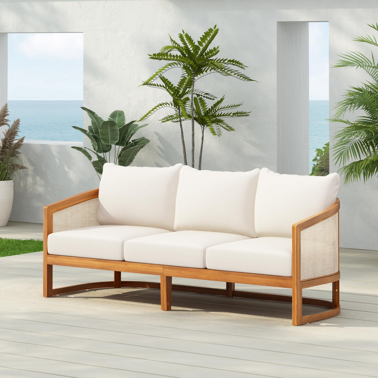 Christopher Knight Home Catania Acacia Wood Outdoor 3 Seater Sofa with Cushions, Wooden Patio Sofa Couch with Cushion, Comfy Garden Cloud Sofa Couch with Textilene Armrest, Teak+ Beige Christopher Knight Home