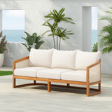 Christopher Knight Home Catania Acacia Wood Outdoor 3 Seater Sofa with Cushions, Wooden Patio Sofa Couch with Cushion, Comfy Garden Cloud Sofa Couch with Textilene Armrest, Teak+ Beige Christopher Knight Home