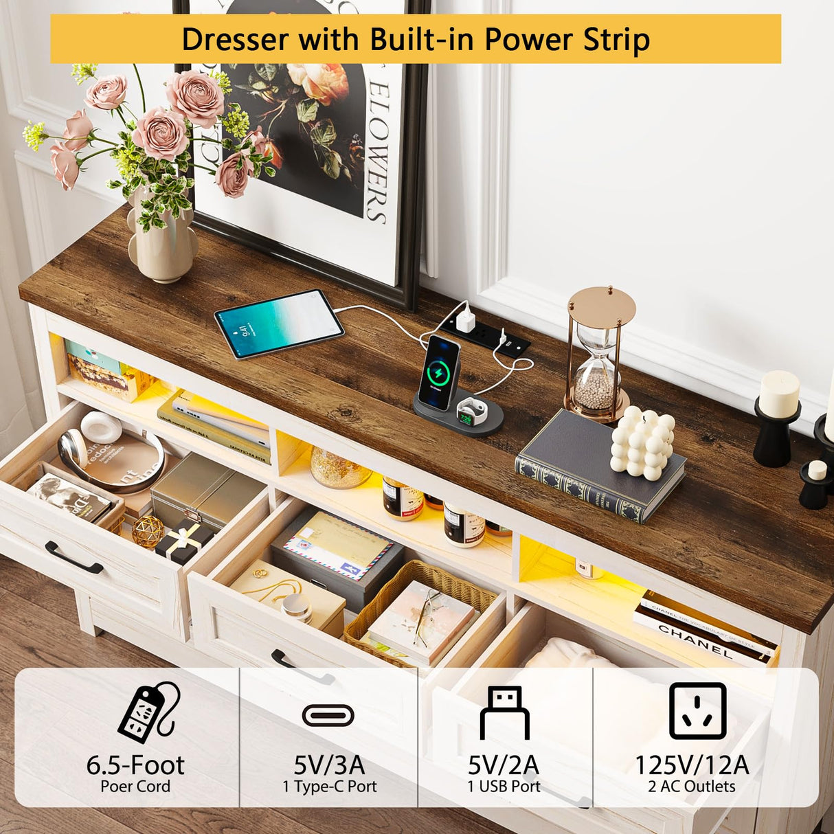 Hlivelood Farmhouse 9 Drawer Dresser with LED Lights, 63" Wide Large Chest of Drawers for Bedroom, Modern Wood Dresser Storage Organizer with Charging Station for Living Room, Bedroom, Hallway, Beige Hlivelood