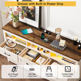 Hlivelood Farmhouse 9 Drawer Dresser with LED Lights, 63" Wide Large Chest of Drawers for Bedroom, Modern Wood Dresser Storage Organizer with Charging Station for Living Room, Bedroom, Hallway, Beige Hlivelood