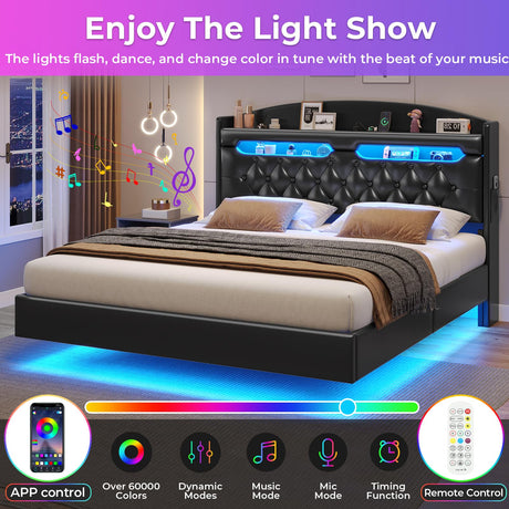 BTHFST Floating Bed Frame Full Size with Type-C Charging Station & Storage Headboard, RGB Floating Platform Bed, No Box Spring Needed, Wooden Slats Support, PU Black BTHFST