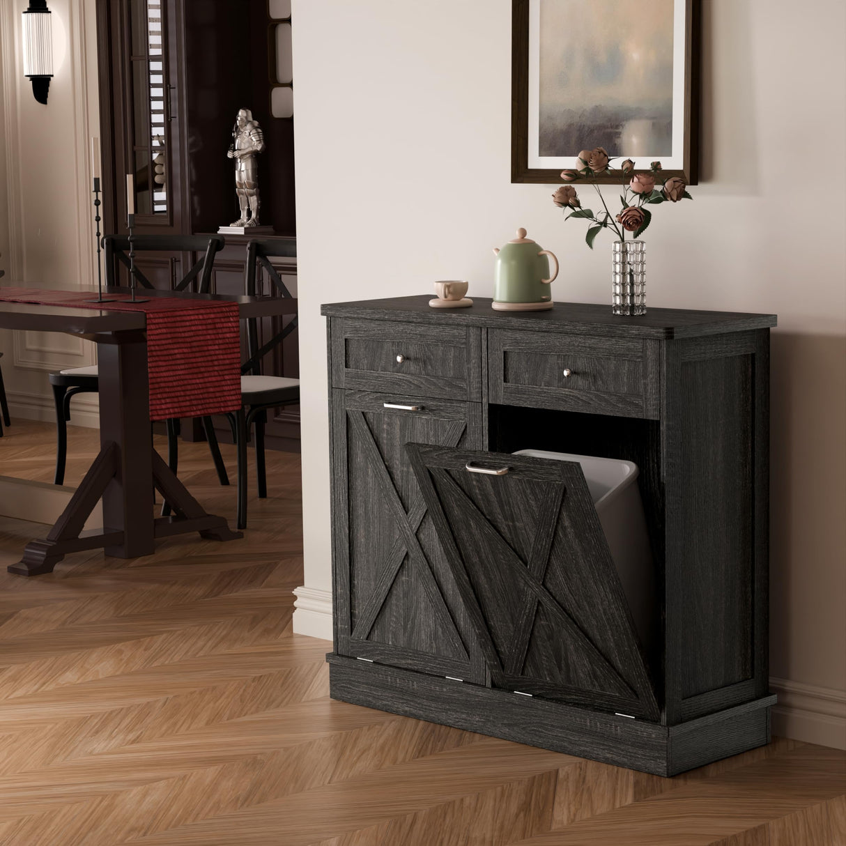 TOLEAD Double Tilt Out Trash Cabinet Free Standing 10 Gallon Wooden Dual Trash Can Cabinet with Barn Door for Farmhouse Kitchen,Living Room, Dining Room, Oak Grey TOLEAD