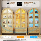 LVSOMT 71" Tall Arched Storage Cabinet with Glass Doors and Drawers, Curio Display Cabinet with Adjustable LED Light & Human Sensor, 4-Tier China Cabinet for Living Room(Wood) LVSOMT