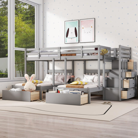 Harper & Bright Designs Grey Triple Bunk Beds with Drawers and Storage Staircase - Full Over Twin & Twin Design Harper & Bright Designs
