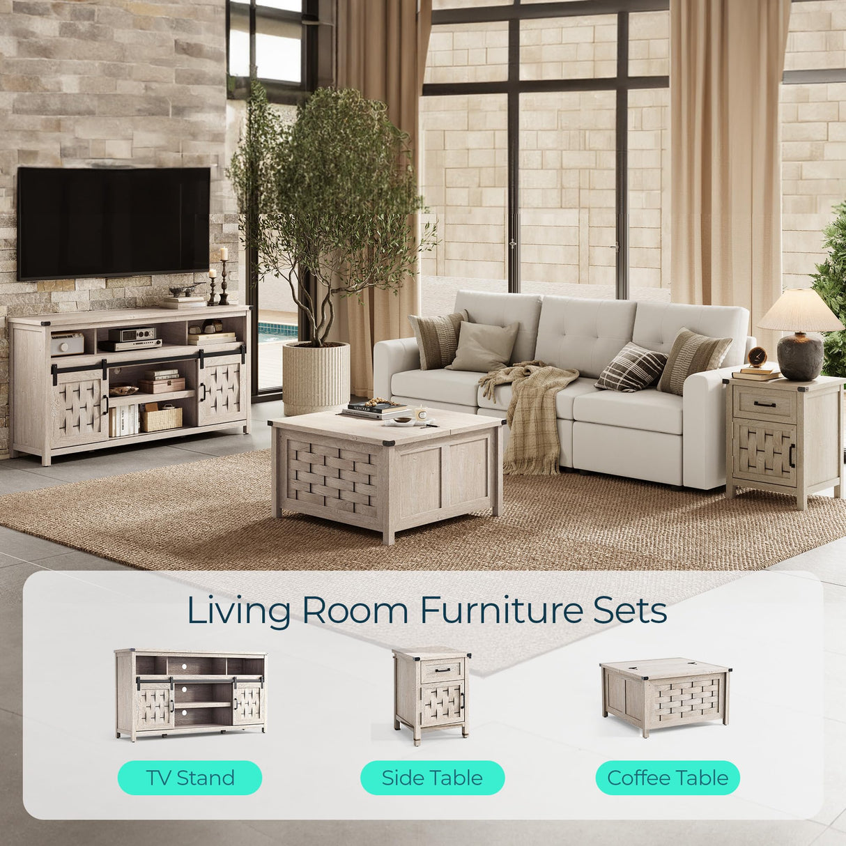 LINSY HOME Farmhouse TV Stand for 65 Inch TV, Tall Highboy Entertainment Center with Sliding Barn Door, Rustic Media Console with Storage Shelves, Wood Television Stand for Living Room, Light Grey LINSY HOME