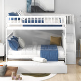 BIADNBZ Full Over Full Bunk Bed with Trundle and Storage Staircase, Solid Wood Bunkbeds can be Divided into 2 Platform Bedframes, for Kids Teens Adults Bedroom, White BIADNBZ