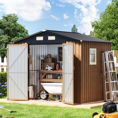 Panovue 8X6 FT Garden Storage Shed with Lockable Door,Steel Tool Shed with 1 Clear Window, Anti-Corrosion Metal Shed for Backyard Patio Lawn (Wood Panels & Frame Floor Not Included)(Light Wood Grain)