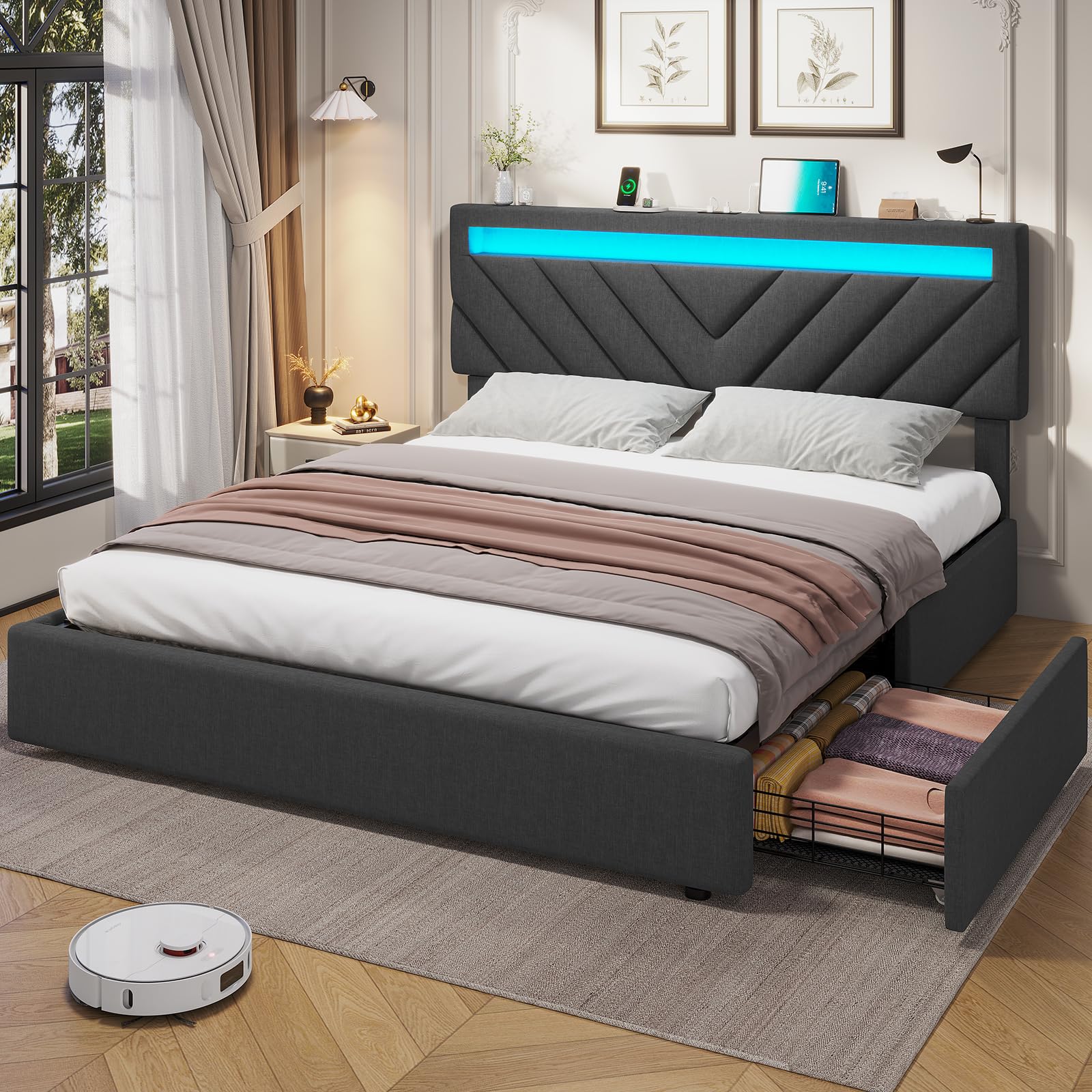 Modern Dark Grey LED Platform Bed Frame with 4 Storage Drawers and USB Charging Stations - WoodArtSupply