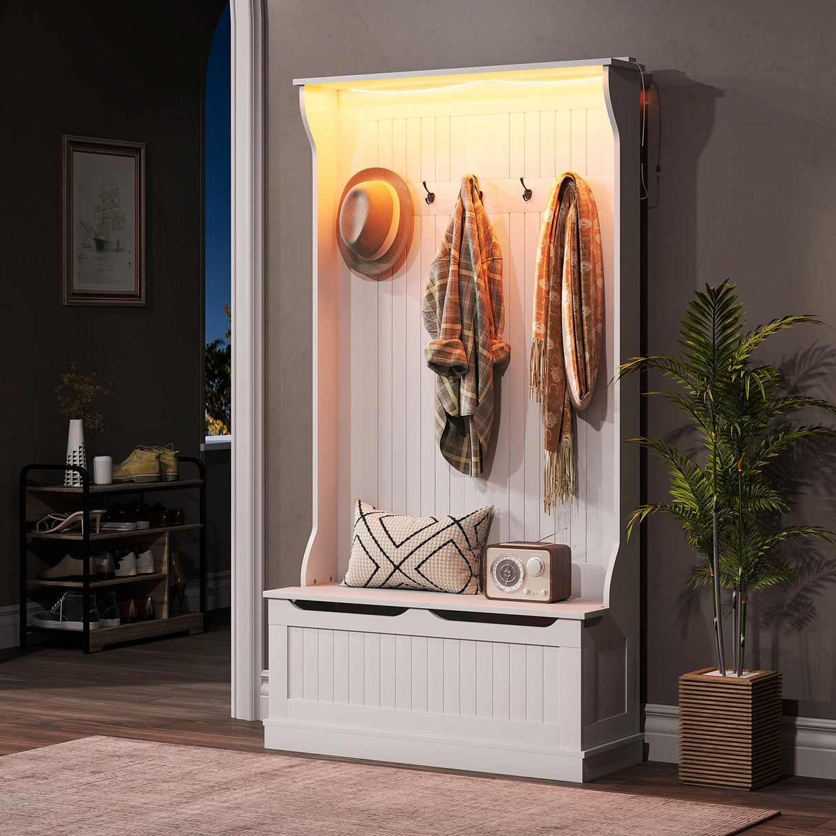 HOMCOM 3-In-1 Hall Tree with LED Lights and Shoe Storage, Standing Coat Rack with Shoe Bench, Entryway Furniture with Five Hooks, White HOMCOM