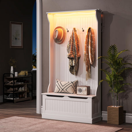 HOMCOM 3-In-1 Hall Tree with LED Lights and Shoe Storage, Standing Coat Rack with Shoe Bench, Entryway Furniture with Five Hooks, White HOMCOM