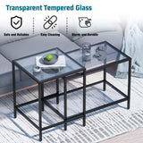 Nesting Coffee Table,Small Glass Coffee Table Set of 2,Black Modern Square Sofa Side Tea Table for Living Room,Bedroom and Small Spaces,2 Tier Tempered Glass with Sturdy Metal Frame, Easy Assembly Adompacat