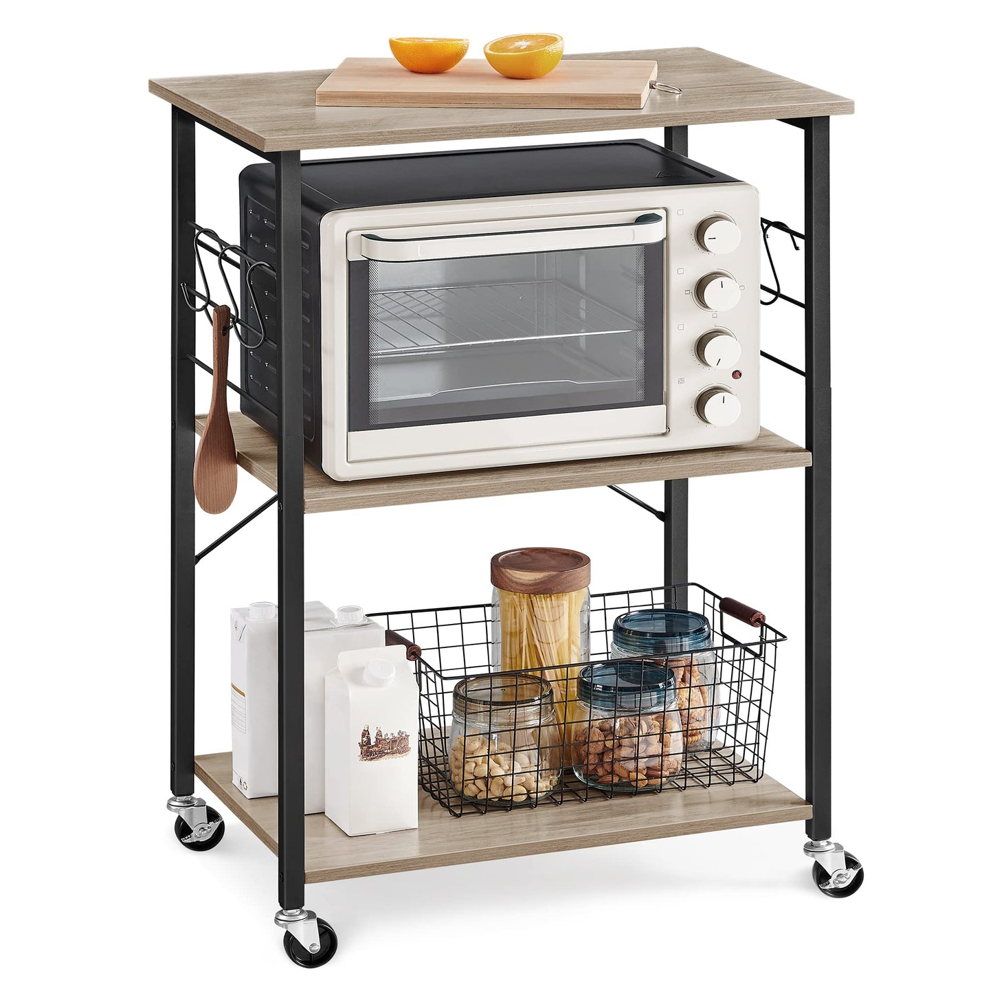 VASAGLE Kitchen Shelf on Wheels, Serving Cart with 3 Shelves, Kitchen Cart, Microwave Shelf, for Mini Oven, Toaster, with 6 Hooks, Industrial Style, Greige and Black UKKS060B02