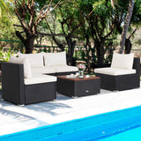Tangkula 5 Piece Outdoor Patio Furniture Set, Patiojoy PE Wicker Conversation Set with Solid Acacia Wood Tabletop and Soft Cushions, Patio Sectional Sofa Furniture Set for Garden, Poolside (Off White) Tangkula