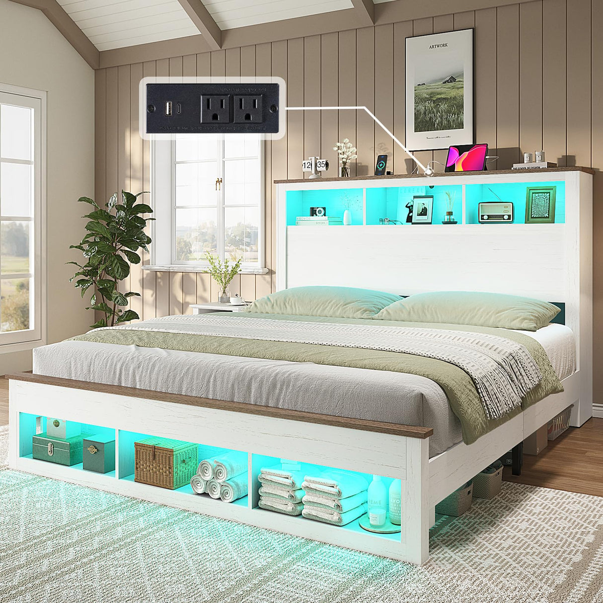 AMERLIFE King Size Bed Frame with Bookcase Storage Headboard and Footboard, LED Platform Bed with Charging Station, No Box Spring Needed, Noise Free, Distressed White AMERLIFE