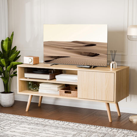 Cozy Castle TV Stand for 50 Inch TV, Mid Century Modern Entertainment Center with Storage Cabinet, TV Media Console with Charging Station for Living Room, Bedroom, Oak Cozy Castle