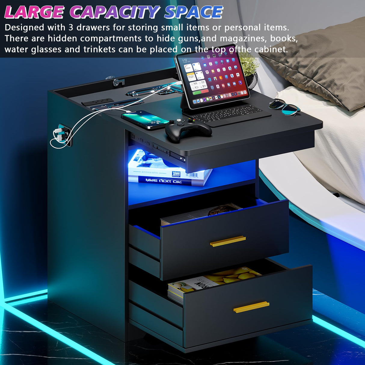 MDGC Nightstand with Lockable Gun Drawer,3 Color Dimmable LED End Table with Charging Station,Bedside Table with Auto Sensor Light,Smart Night Stand with USB-C Ports and 3 Drawers,Bedroom MDGC