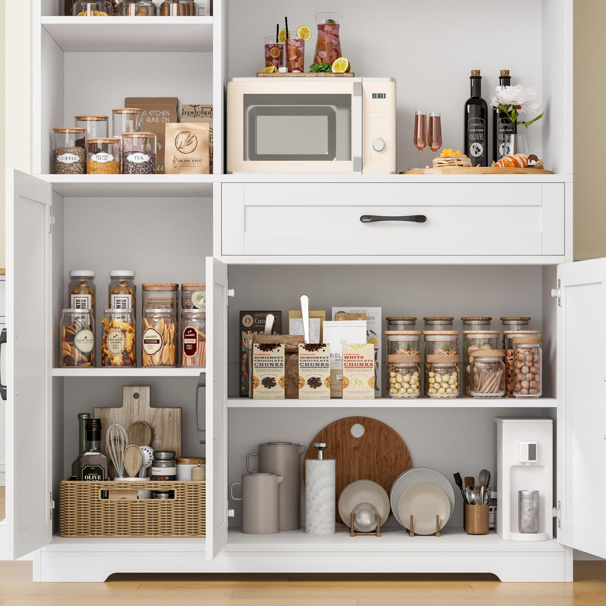 HOSTACK 71" Tall Kitchen Pantry Storage Cabinet, Farmhouse Food Pantry Cabinet with Microwave Stand, Barn Doors Kitchen Hutch Cabinet with Large Drawer and Shelves for Dining Room HOSTACK