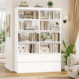 FINETONES 71" White Bookshelf with Drawers, 47.3" Double Wide Bookshelves and Bookcases with Storage, Tall Bookshelf Large Open Book Shelf Standing Book Case for Home Office, White FINETONES