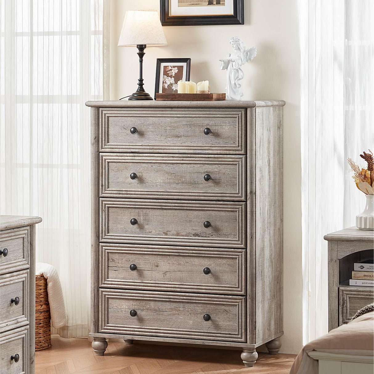 RWYHG Farmhouse 5 Drawers Dresser for Bedroom, Wood 45" Tall Dressers Chest of Drawers, Kids Dresser Rustic Storage Dressers Organizer with Metal Handle Closet for Living Room, Hallway RWYHG