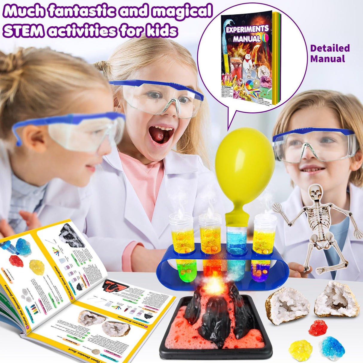 UNGLINGA 150 Experiments Science Kits for Kids Boys Girls, S.T.E.M Kit Toys Gifts Ideas Birthday Christmas, Chemistry Break Geodes, Volcano, Physics Educational Activities Project UNGLINGA