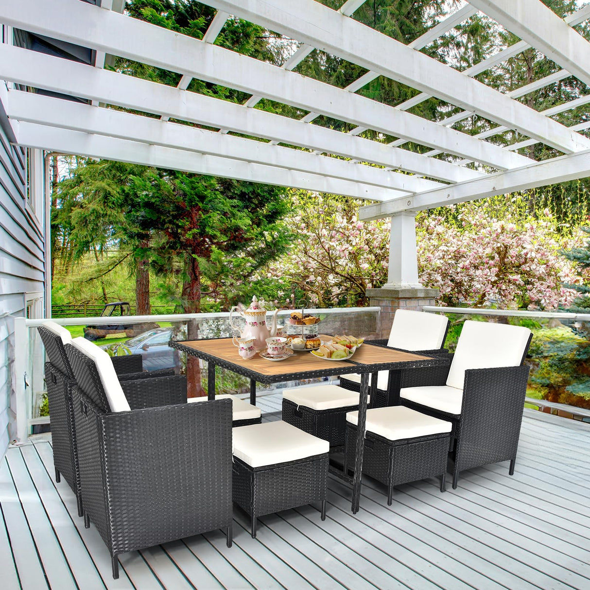 MATONELL 9 Piece Acacia Wood Patio Dining Set, Space Saving Wicker Chairs with Soft Cushions and Wood Table, Outdoor Furniture Set for Garden Yard Poolside, Black MATONELL