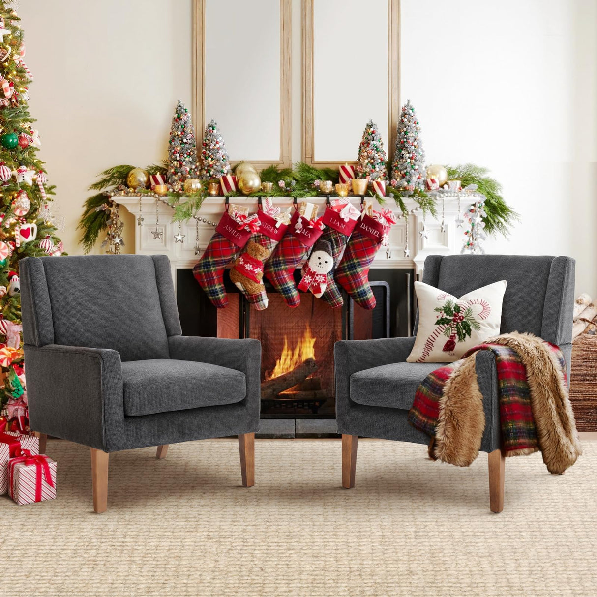 COLAMY Modern Wingback Living Room Chair Set of 2, Upholstered Fabric Accent Armchair, Single Sofa Chair with Lounge Seat and Wood Legs for Bedroom/Office/Reading Spaces, Gery COLAMY