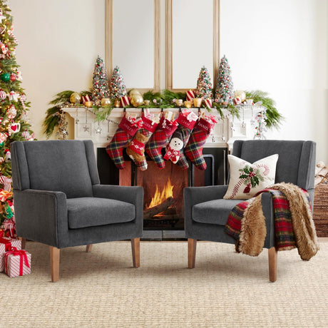 COLAMY Modern Wingback Living Room Chair Set of 2, Upholstered Fabric Accent Armchair, Single Sofa Chair with Lounge Seat and Wood Legs for Bedroom/Office/Reading Spaces, Gery COLAMY