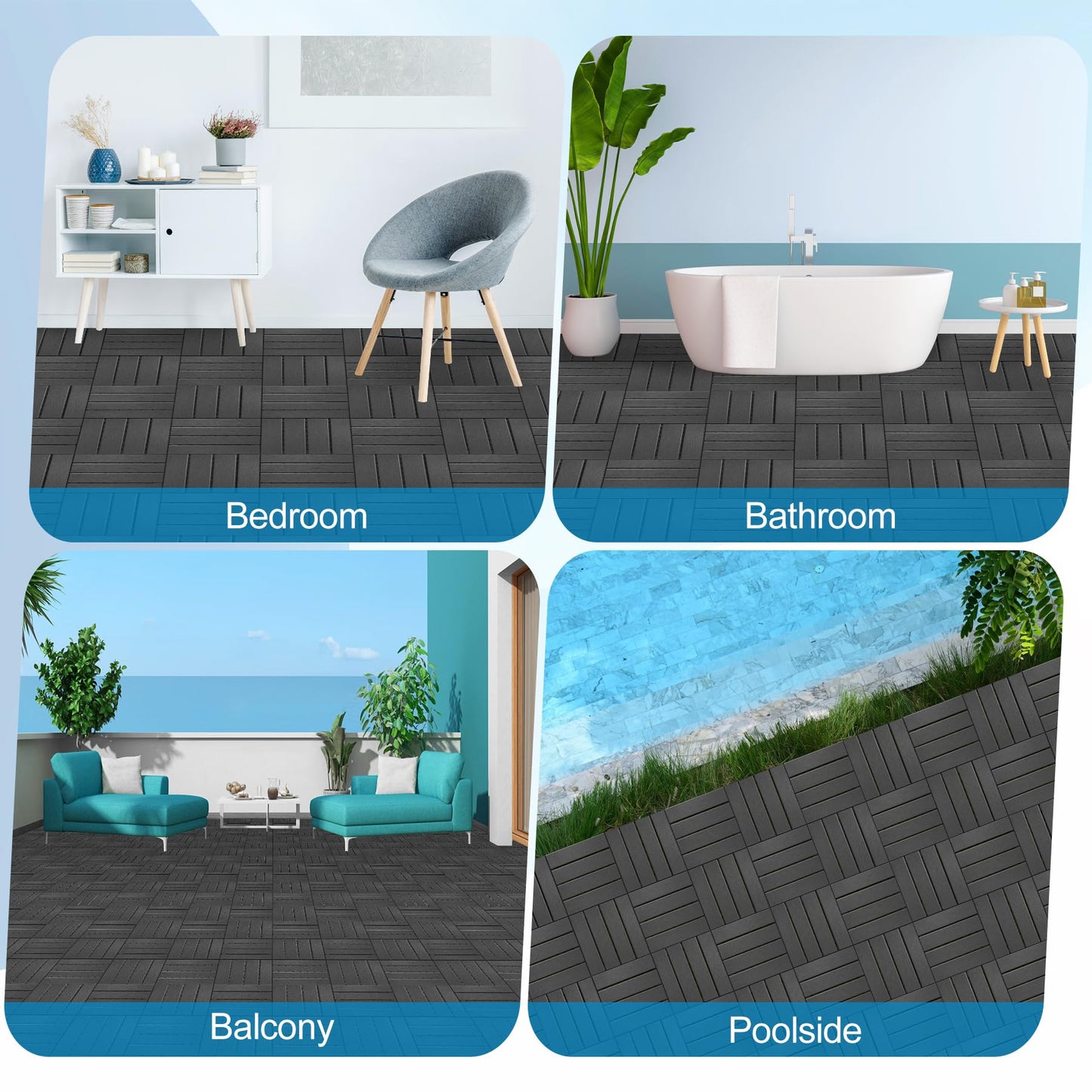 ToLanbbt Plastic Interlocking Deck Tiles 9 Pack 12"x12" Waterproof Indoor Outdoor Composite Patio Flooring Decking Tiles All Weather Use for Patio Porch Balcony Backyard Poolside, Dark Grey