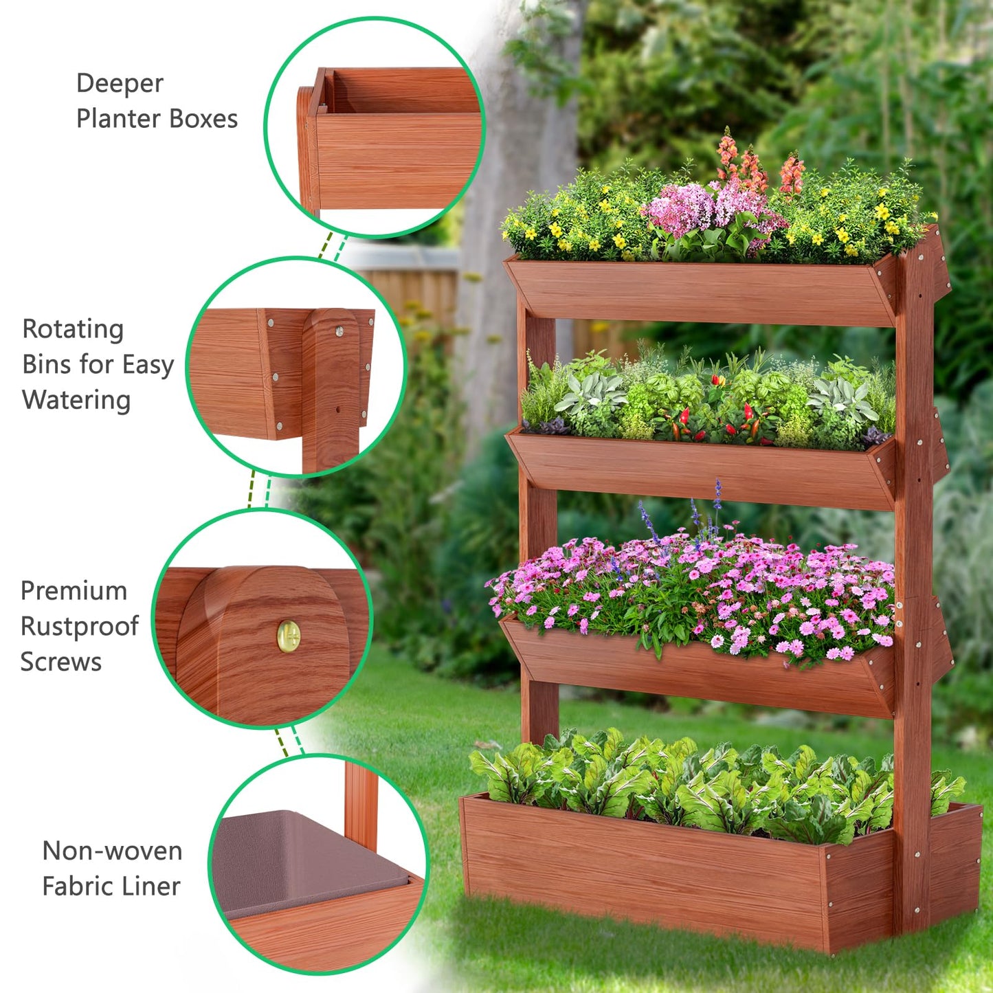 DoCred Vertical Wooden Raised Garden Bed, 4 Tier Garden Planters Freestanding Wood Plant Stand Flower Rack Wooden Planter Box for Plants Herbs Flowers Vegetables Outdoor Indoor Gardening