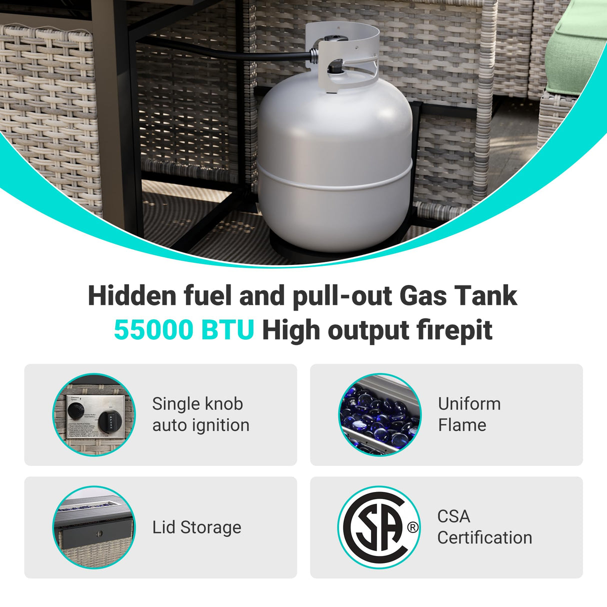 Muphyers 8-Piece Outdoor Patio Furniture Set with 55,000 BTU Fire Pit Table, PE Wicker Rattan Sectional Sofa Conversation Set - All-Weather Garden, Backyard Furniture, Light Green Muphyers